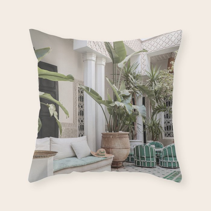 Moroccan Riad In Marrakech Photo | Arabic Interior Design Art Print | Green Tropical Travel Photography Throw Pillow Gallery Image 6