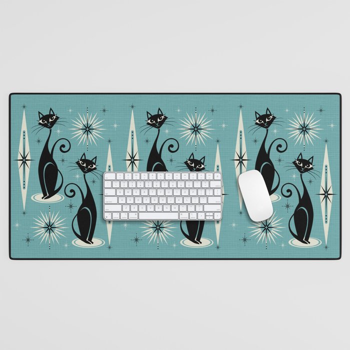 Mid Century Meow Retro Atomic Cats on Blue Desk Mat Gallery Image 1
