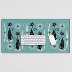 Mid Century Meow Retro Atomic Cats on Blue Desk Mat Gallery Image 1