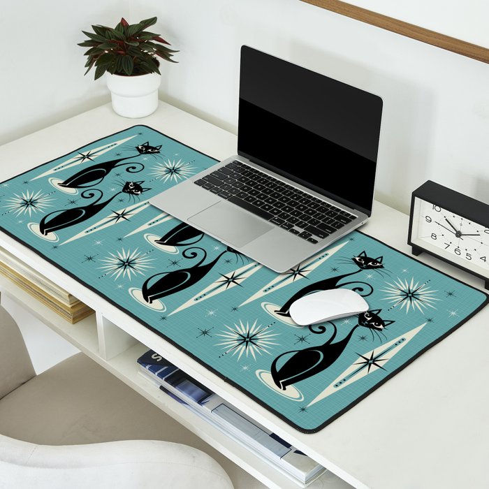 Mid Century Meow Retro Atomic Cats on Blue Desk Mat Gallery Image 2