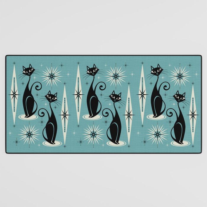 Mid Century Meow Retro Atomic Cats on Blue Desk Mat Gallery Image 3