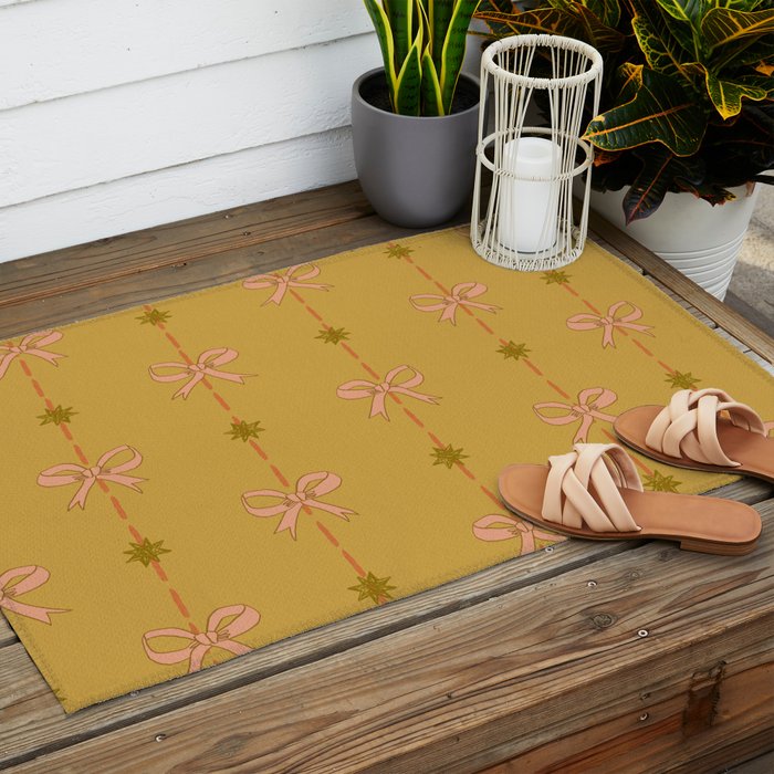 Cute Hair Bows & Stars in Yellow Ochre & Peach Outdoor Rug Gallery Image 2