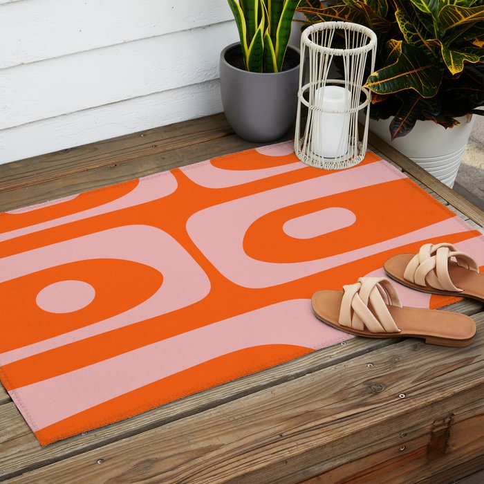 Mid Century Modern Piquet Minimalist Retro Abstract Pattern in Contemporary Pink and Orange Outdoor Rug Gallery Image 2