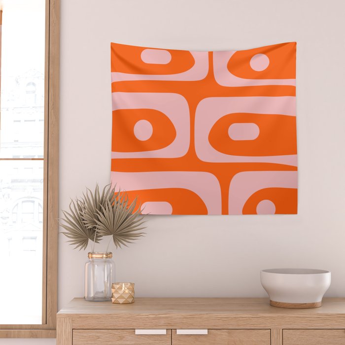 Mid Century Modern Piquet Minimalist Retro Abstract Pattern in Contemporary Pink and Orange Wall Tapestry Gallery Image 2