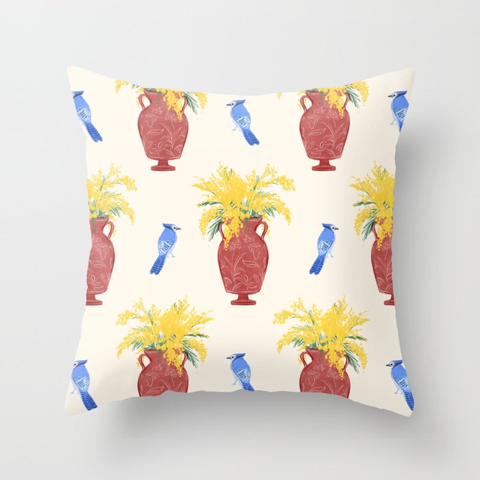 Mimosa and Blue Jay Throw Pillow Gallery Image 1