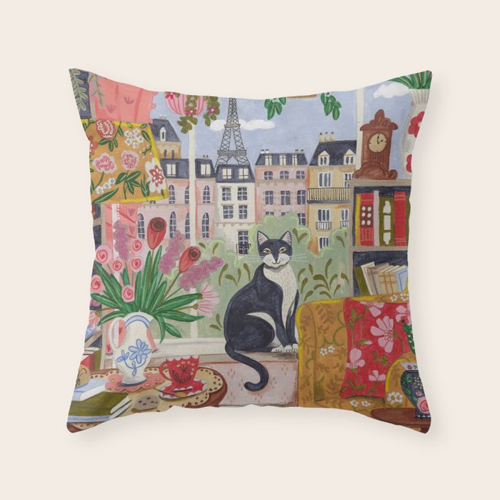 Cat in front of window in Paris  Throw Pillow Gallery Image 6