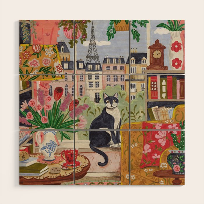 Cat in front of window in Paris  Wood Wall Art Gallery Image 1