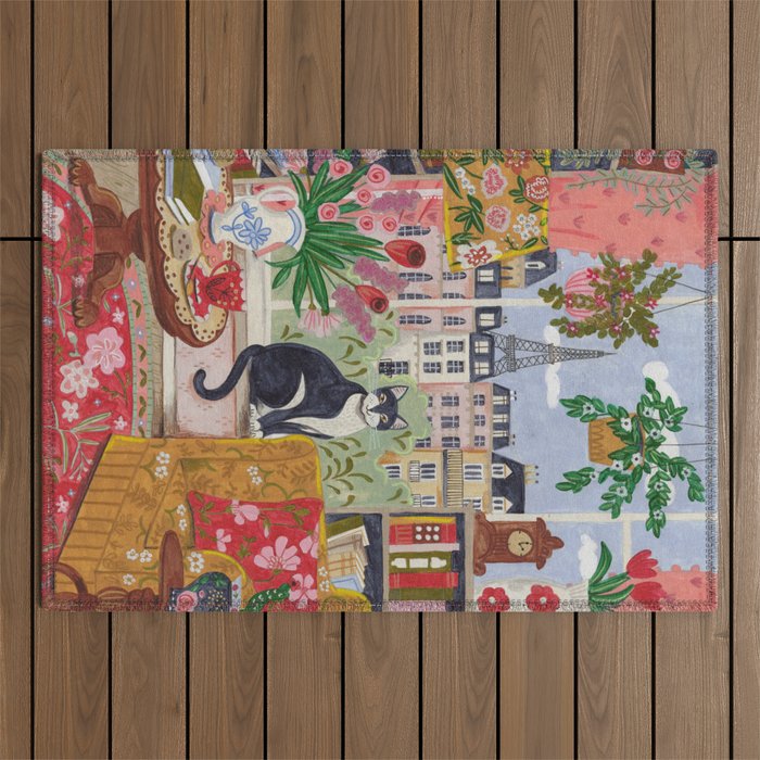 Cat in front of window in Paris  Outdoor Rug Gallery Image 1