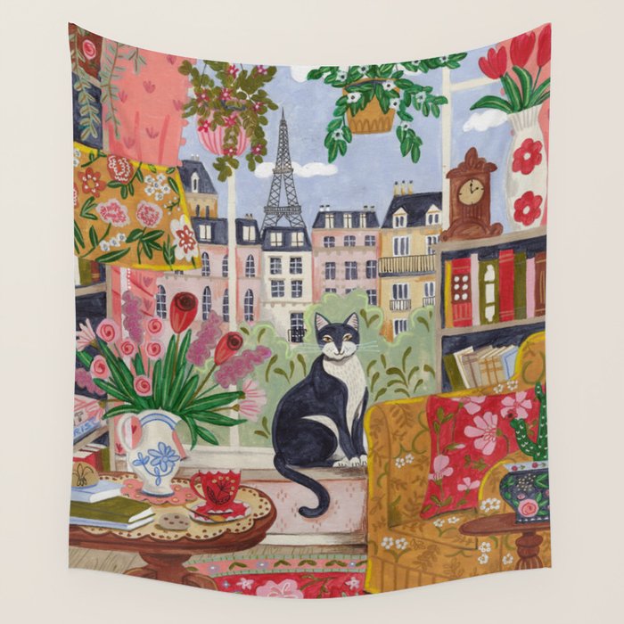 Cat in front of window in Paris  Wall Tapestry Gallery Image 4