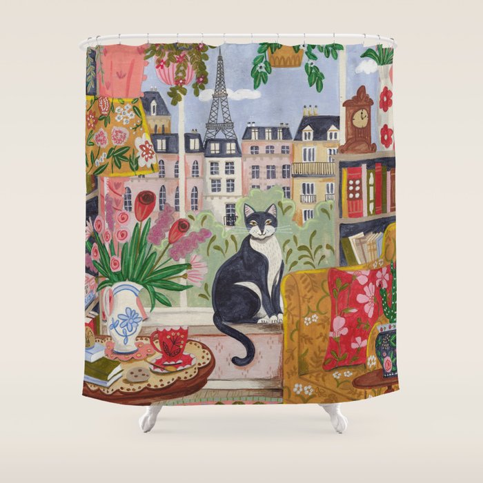 Cat in front of window in Paris  Shower Curtain Gallery Image 1