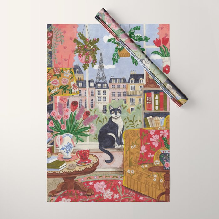 Cat in front of window in Paris  Wrapping Paper Gallery Image 1
