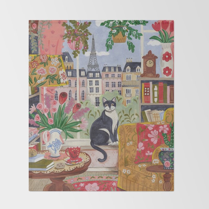 Cat in front of window in Paris  Throw Blanket Gallery Image 2