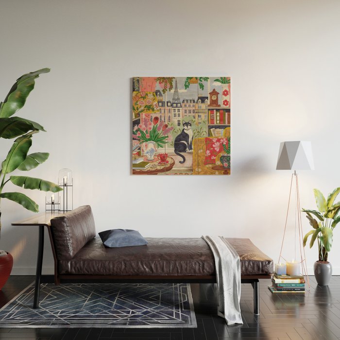 Cat in front of window in Paris  Wood Wall Art Gallery Image 2