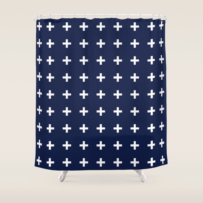 Navy Blue Swiss Cross Minimalist Line Drawing Shower Curtain Gallery Image 1