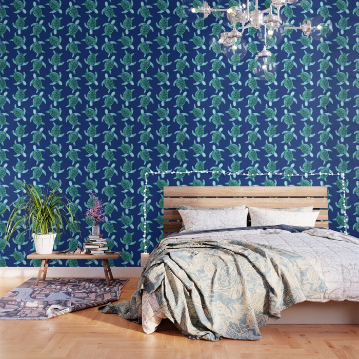 Save the Sea Turtles |Watercolor Blue Green| Renee Davis Wallpaper Gallery Image 1