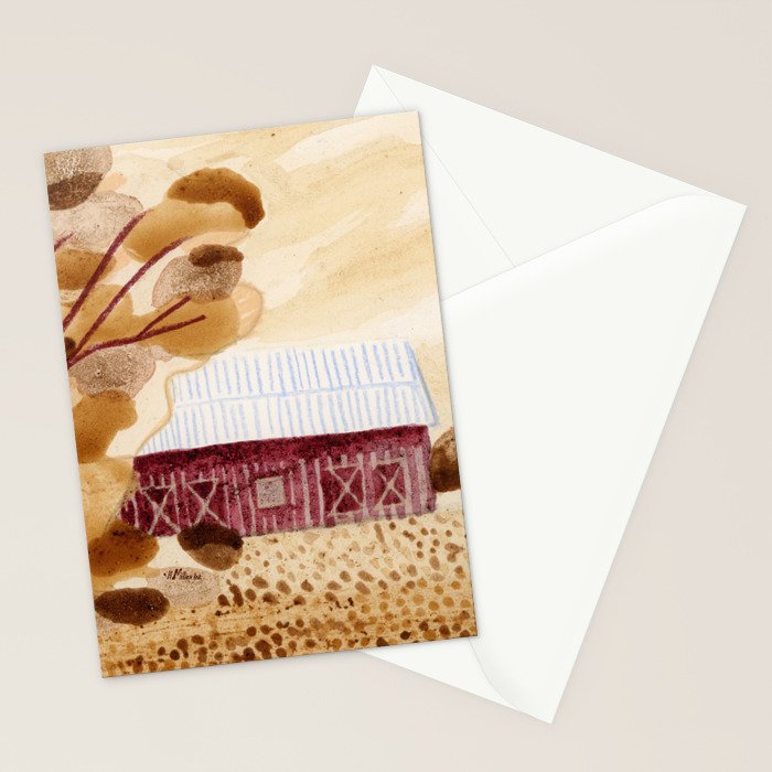 Rustic Country Barn Painting in Yellow Ochre & Brown Stationery Card Gallery Image 2