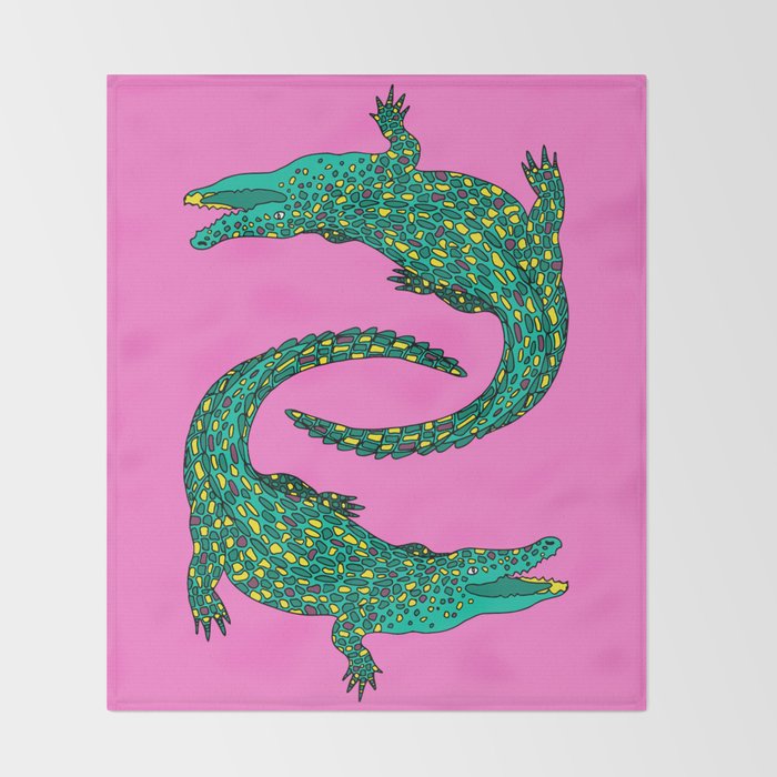 Crocodiles (Pink and Green) Throw Blanket Gallery Image 2