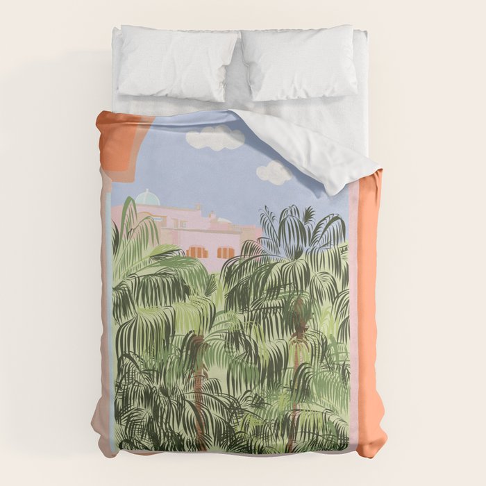 Summer Travel, Tropical Nature Palm Trees, Modern Architecture Palace Illustration Painting Duvet Cover Gallery Image 6
