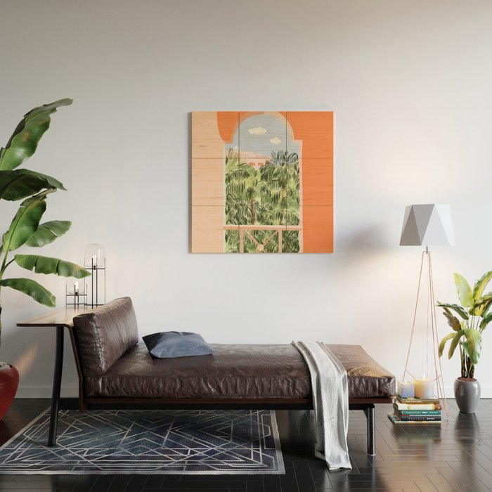 Summer Travel, Tropical Nature Palm Trees, Modern Architecture Palace Illustration Painting Wood Wall Art Gallery Image 2