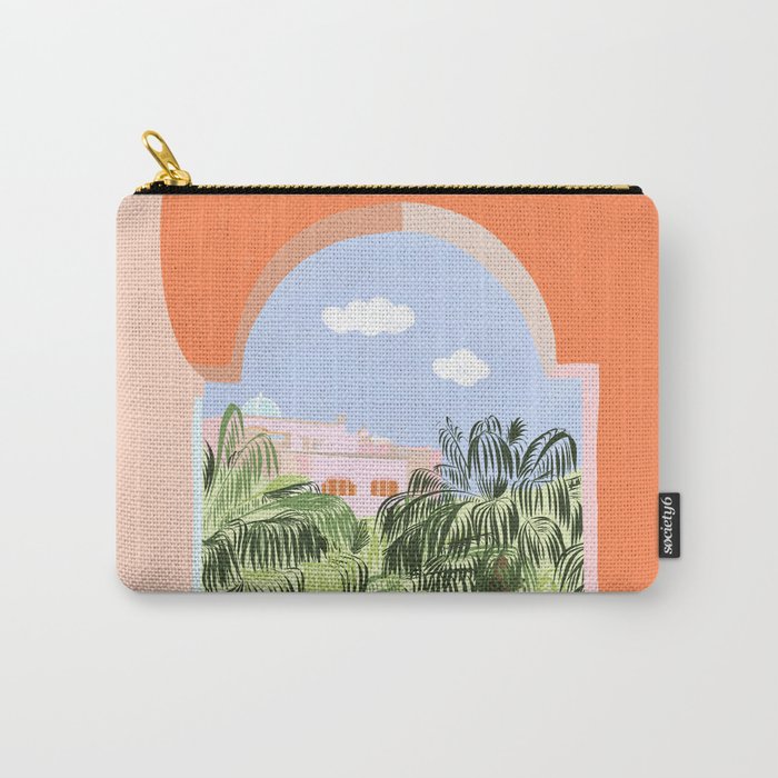 Summer Travel, Tropical Nature Palm Trees, Modern Architecture Palace Illustration Painting Carry All Pouch Gallery Image 1