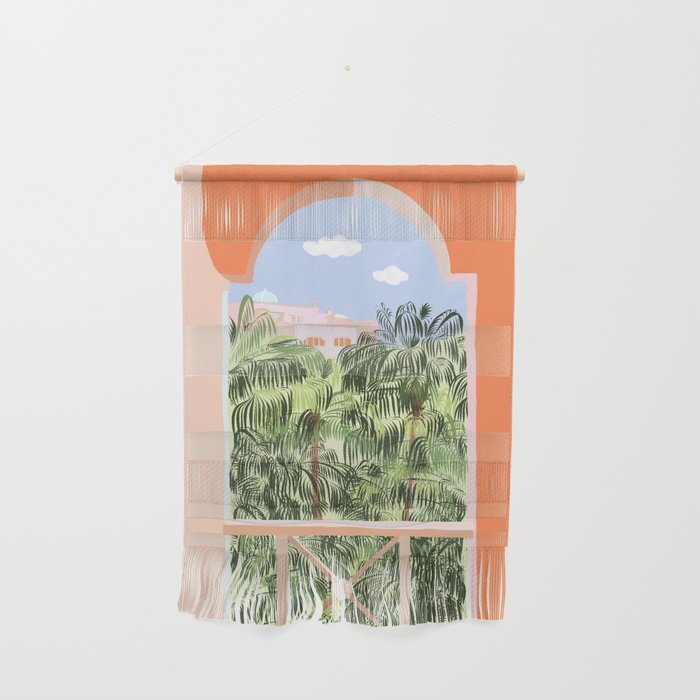 Summer Travel, Tropical Nature Palm Trees, Modern Architecture Palace Illustration Painting Wall Hanging Gallery Image 1
