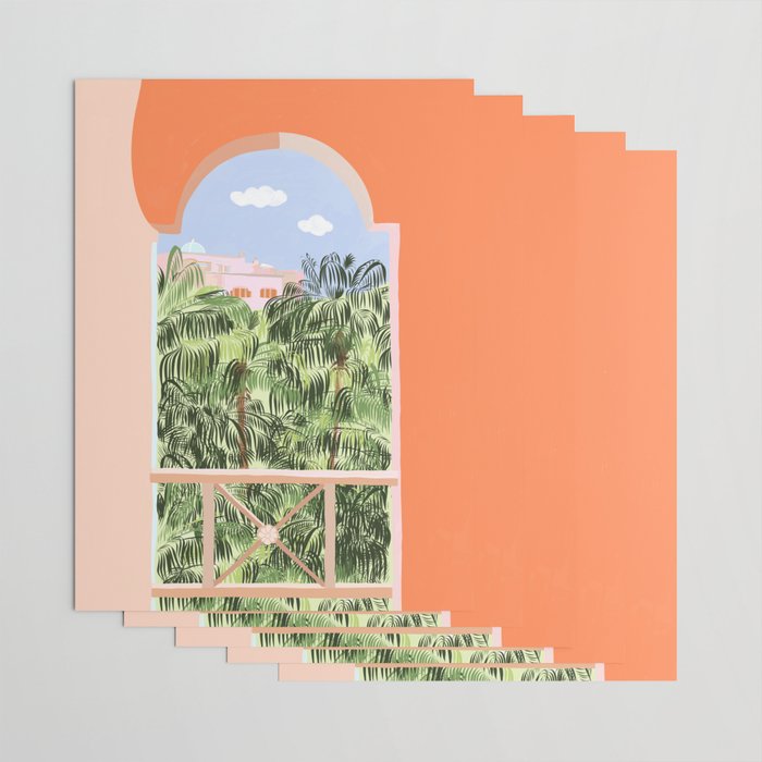 Summer Travel, Tropical Nature Palm Trees, Modern Architecture Palace Illustration Painting Wrapping Paper Gallery Image 3