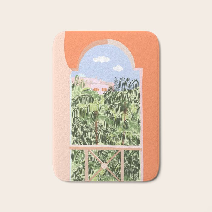 Summer Travel, Tropical Nature Palm Trees, Modern Architecture Palace Illustration Painting Bath Mat Gallery Image 1