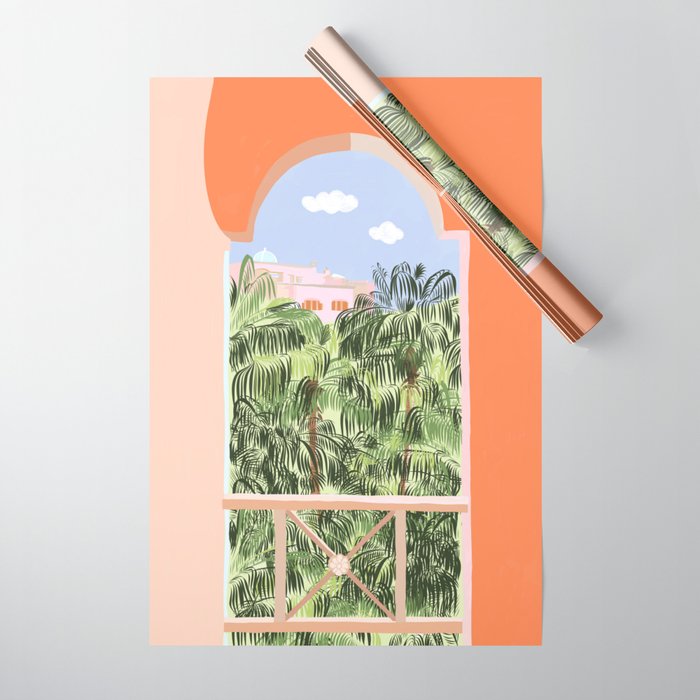 Summer Travel, Tropical Nature Palm Trees, Modern Architecture Palace Illustration Painting Wrapping Paper Gallery Image 1