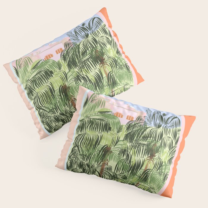 Summer Travel, Tropical Nature Palm Trees, Modern Architecture Palace Illustration Painting Pillow Sham Gallery Image 1