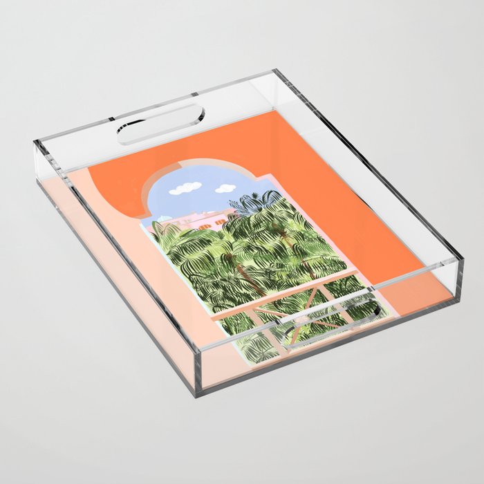 Summer Travel, Tropical Nature Palm Trees, Modern Architecture Palace Illustration Painting Acrylic Tray Gallery Image 1