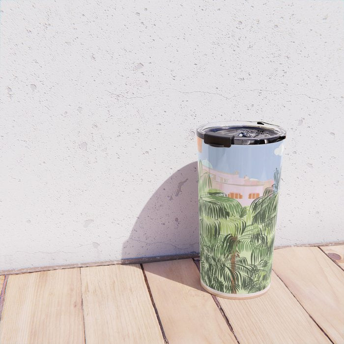 Summer Travel, Tropical Nature Palm Trees, Modern Architecture Palace Illustration Painting Travel Mug Gallery Image 4