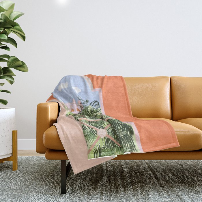 Summer Travel, Tropical Nature Palm Trees, Modern Architecture Palace Illustration Painting Throw Blanket Gallery Image 1