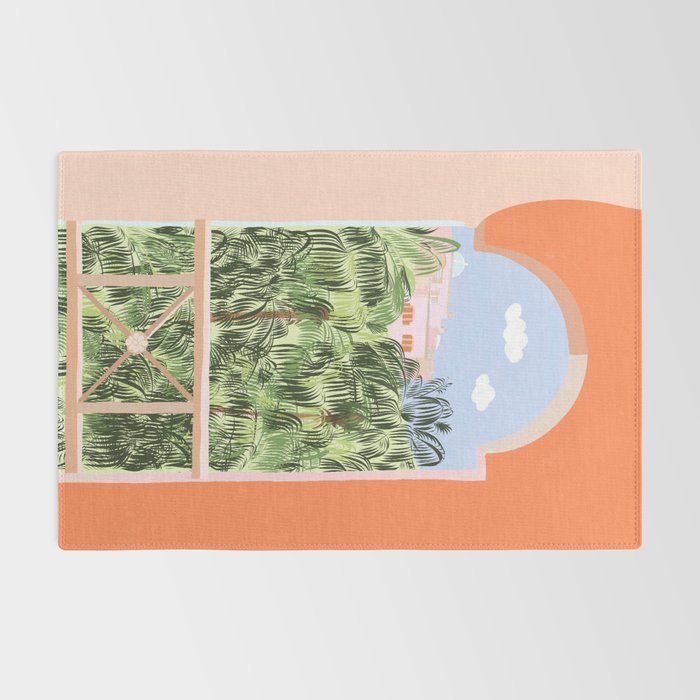 Summer Travel, Tropical Nature Palm Trees, Modern Architecture Palace Illustration Painting Rug Gallery Image 2