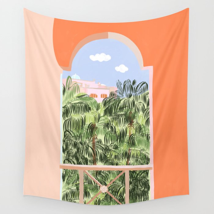 Summer Travel, Tropical Nature Palm Trees, Modern Architecture Palace Illustration Painting Wall Tapestry Gallery Image 1