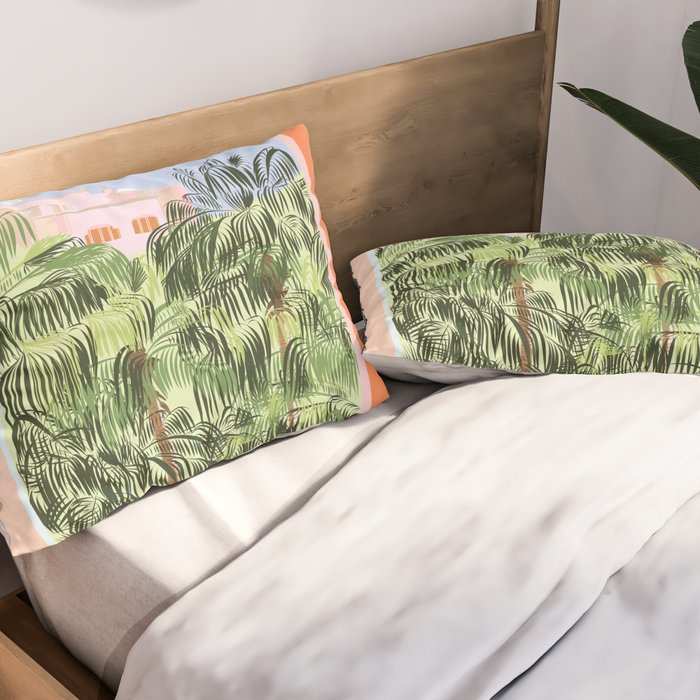 Summer Travel, Tropical Nature Palm Trees, Modern Architecture Palace Illustration Painting Pillow Sham Gallery Image 2