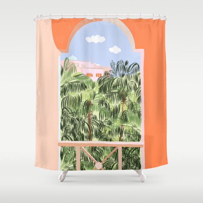 Summer Travel, Tropical Nature Palm Trees, Modern Architecture Palace Illustration Painting Shower Curtain Gallery Image 1