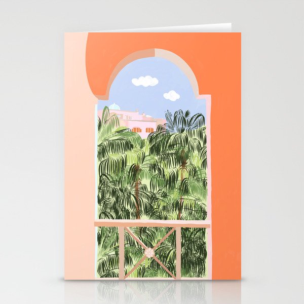 Summer Travel, Tropical Nature Palm Trees, Modern Architecture Palace Illustration Painting Stationery Card Gallery Image 1