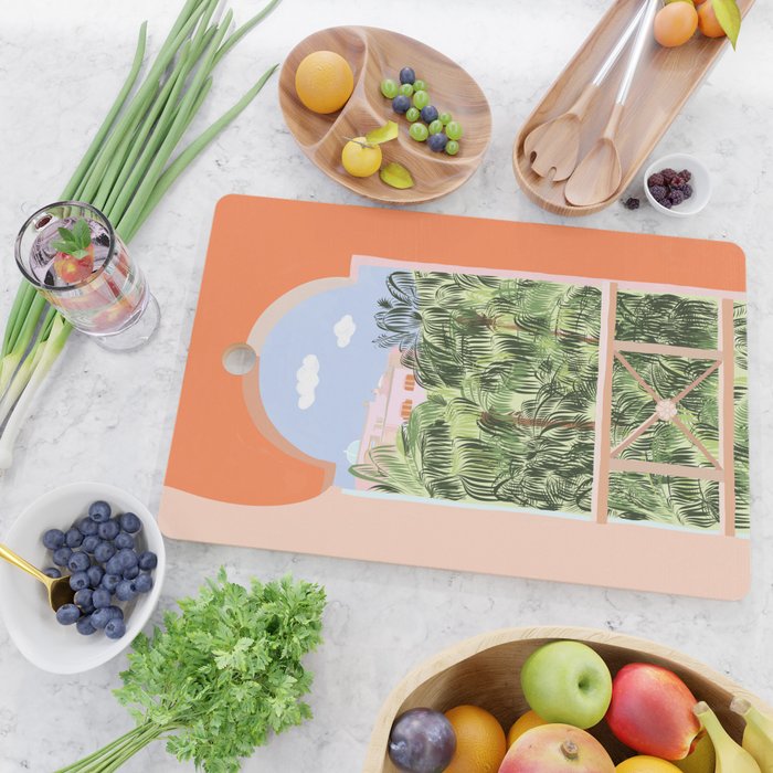 Summer Travel, Tropical Nature Palm Trees, Modern Architecture Palace Illustration Painting Cutting Board Gallery Image 2