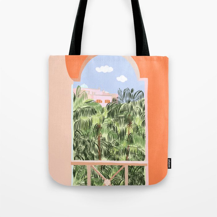Summer Travel, Tropical Nature Palm Trees, Modern Architecture Palace Illustration Painting Tote Bag Gallery Image 1