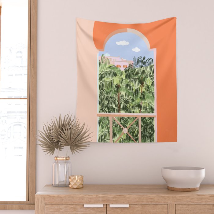 Summer Travel, Tropical Nature Palm Trees, Modern Architecture Palace Illustration Painting Wall Tapestry Gallery Image 2