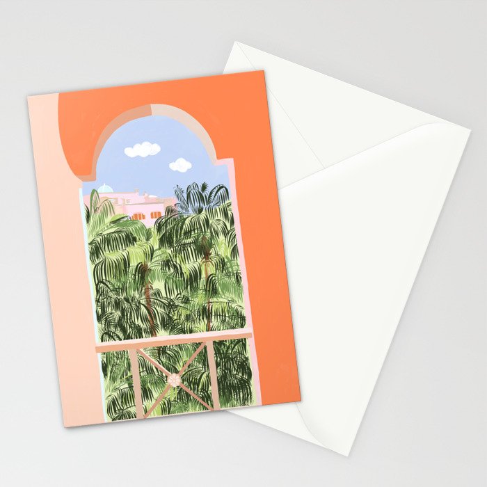 Summer Travel, Tropical Nature Palm Trees, Modern Architecture Palace Illustration Painting Stationery Card Gallery Image 2
