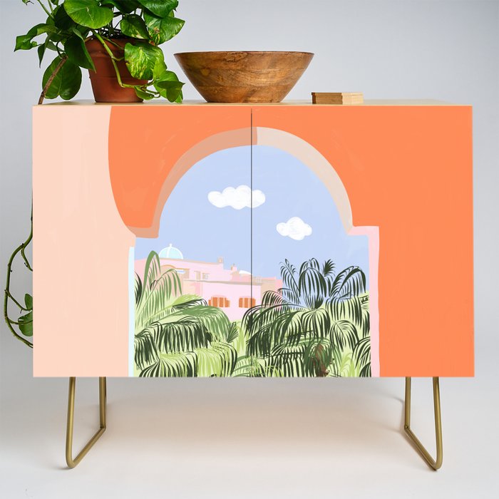 Summer Travel, Tropical Nature Palm Trees, Modern Architecture Palace Illustration Painting Credenza Gallery Image 1
