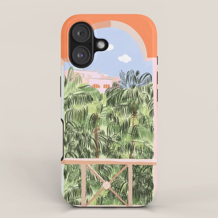 Summer Travel, Tropical Nature Palm Trees, Modern Architecture Palace Illustration Painting iPhone Case Gallery Image 1