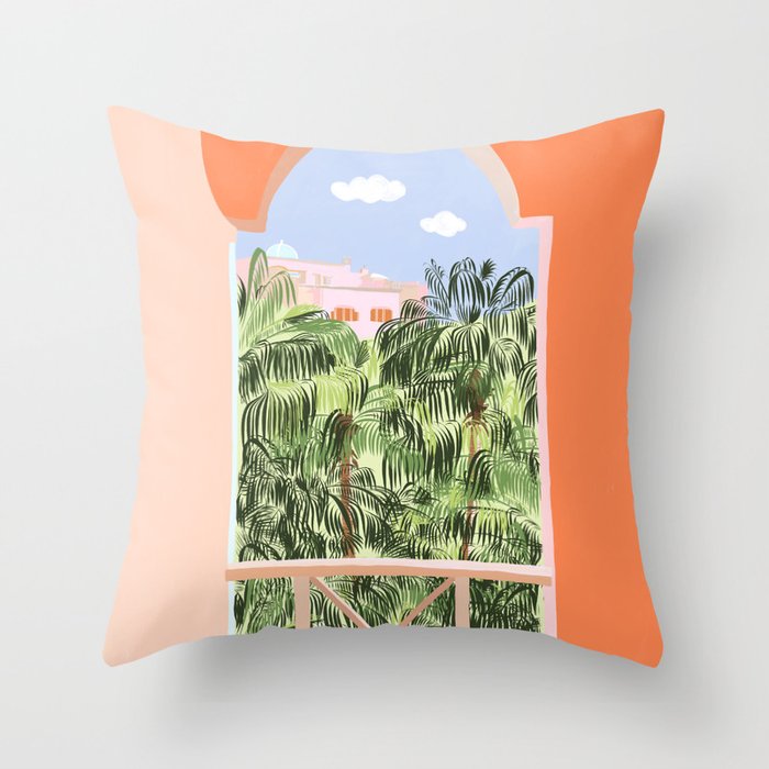 Summer Travel, Tropical Nature Palm Trees, Modern Architecture Palace Illustration Painting Throw Pillow Gallery Image 1
