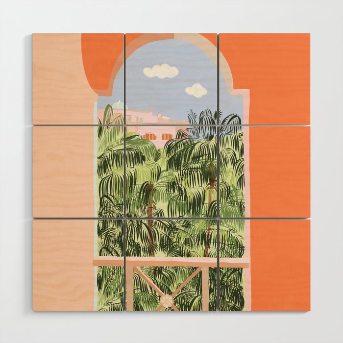 Summer Travel, Tropical Nature Palm Trees, Modern Architecture Palace Illustration Painting Wood Wall Art Gallery Image 1