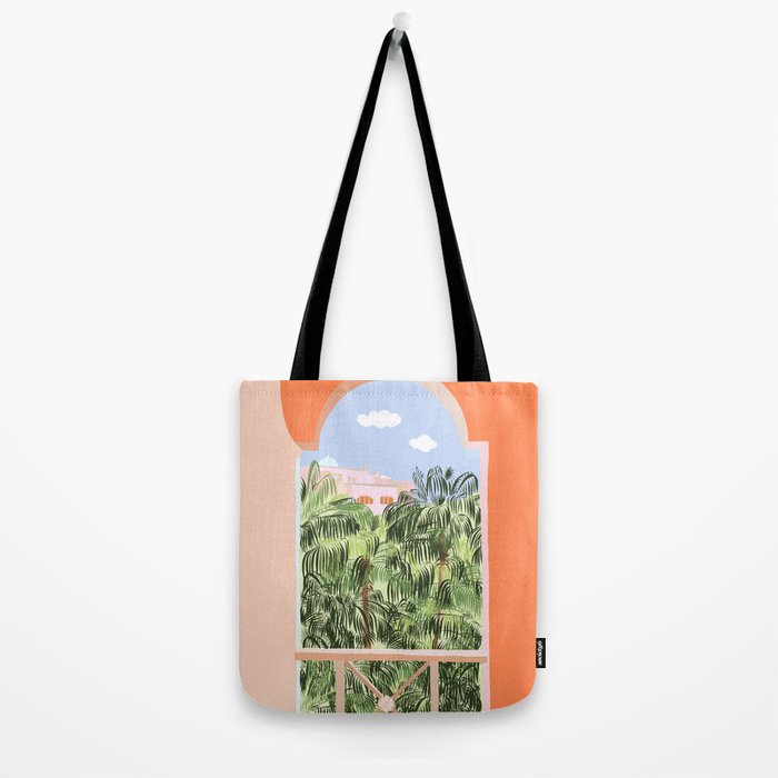 Summer Travel, Tropical Nature Palm Trees, Modern Architecture Palace Illustration Painting Tote Bag Gallery Image 2