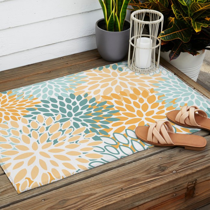 Modern, Floral Prints, Green and Yellow Outdoor Rug Gallery Image 2