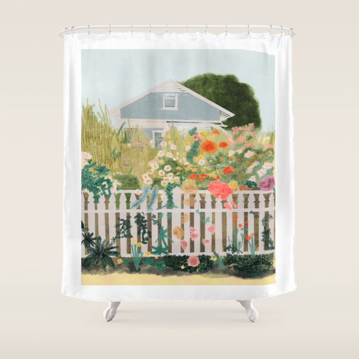 A Postcard From Cozy  - mixed media Garden Illustration  Shower Curtain Gallery Image 1
