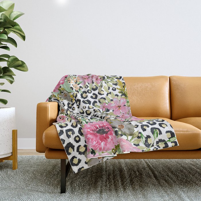 Elegant Leopard Print and Floral Design Throw Blanket