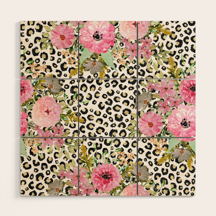 Elegant Leopard Print and Floral Design Wood Wall Art Gallery Image 1